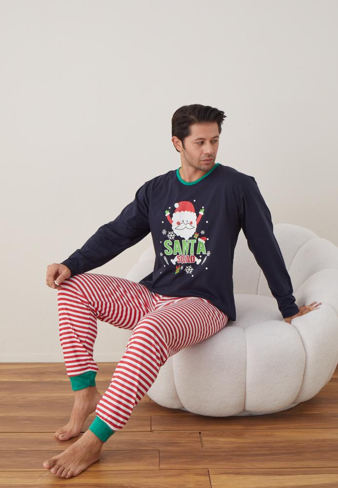Pijama barbati Craciun "SANTA" , maneca lunga ,pantaloni lungi,Culoare Bleumarin ,Engros